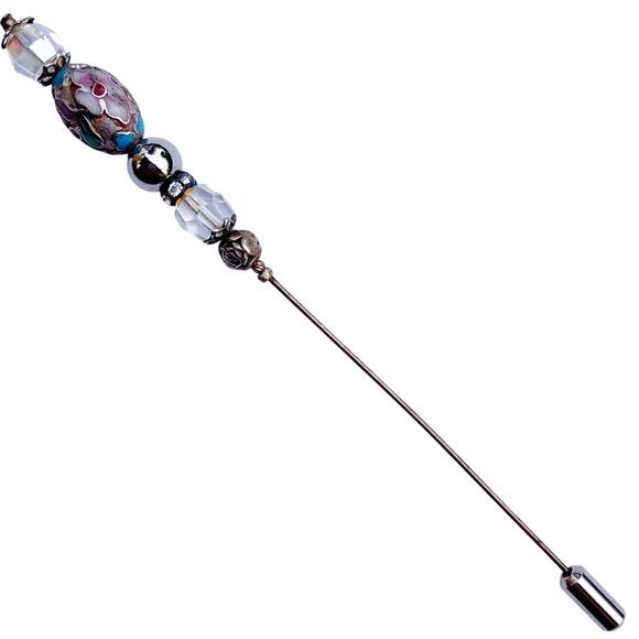 Vintage Mid Century Cloisonné Hat Pin AB Glass Beads Floral Stick Pin 1950s - Picture 1 of 16